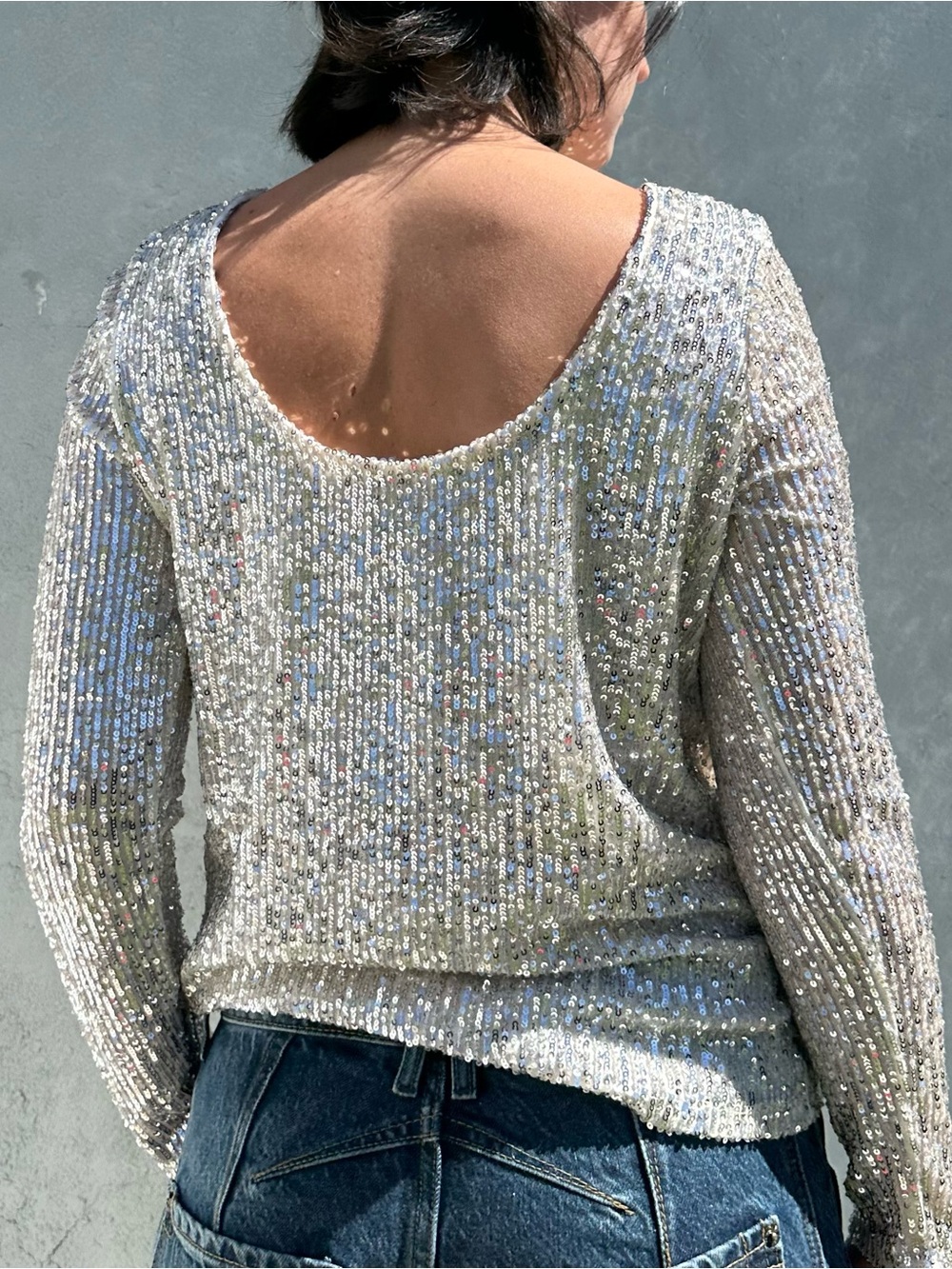 Halogen Silver Sequin Open-back Long Sleeve Top XS